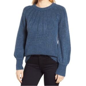 Caslon Rib Yoke Pullover Plush Sweater Blouson Sleeve Blue Ensign